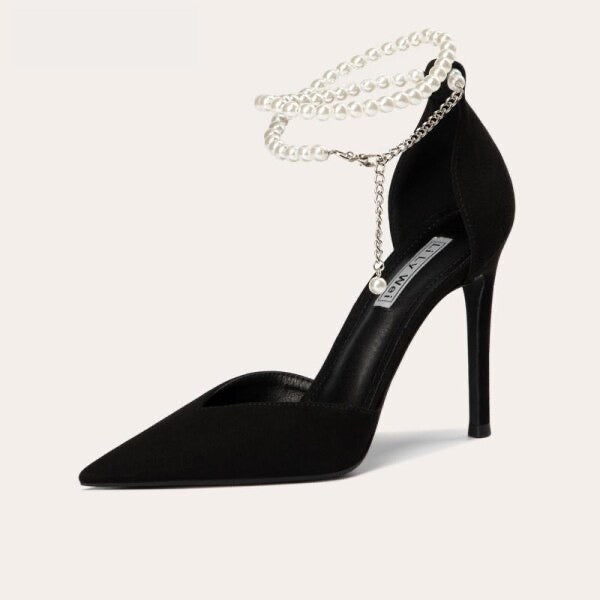 Black high heeled court shoe with double pearl ankle strap