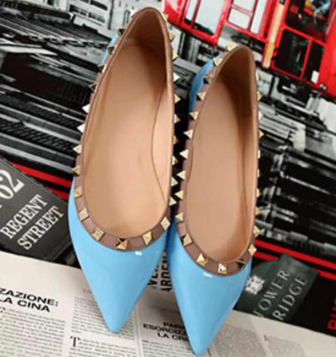 Blue flats pumps with gold rivet studs