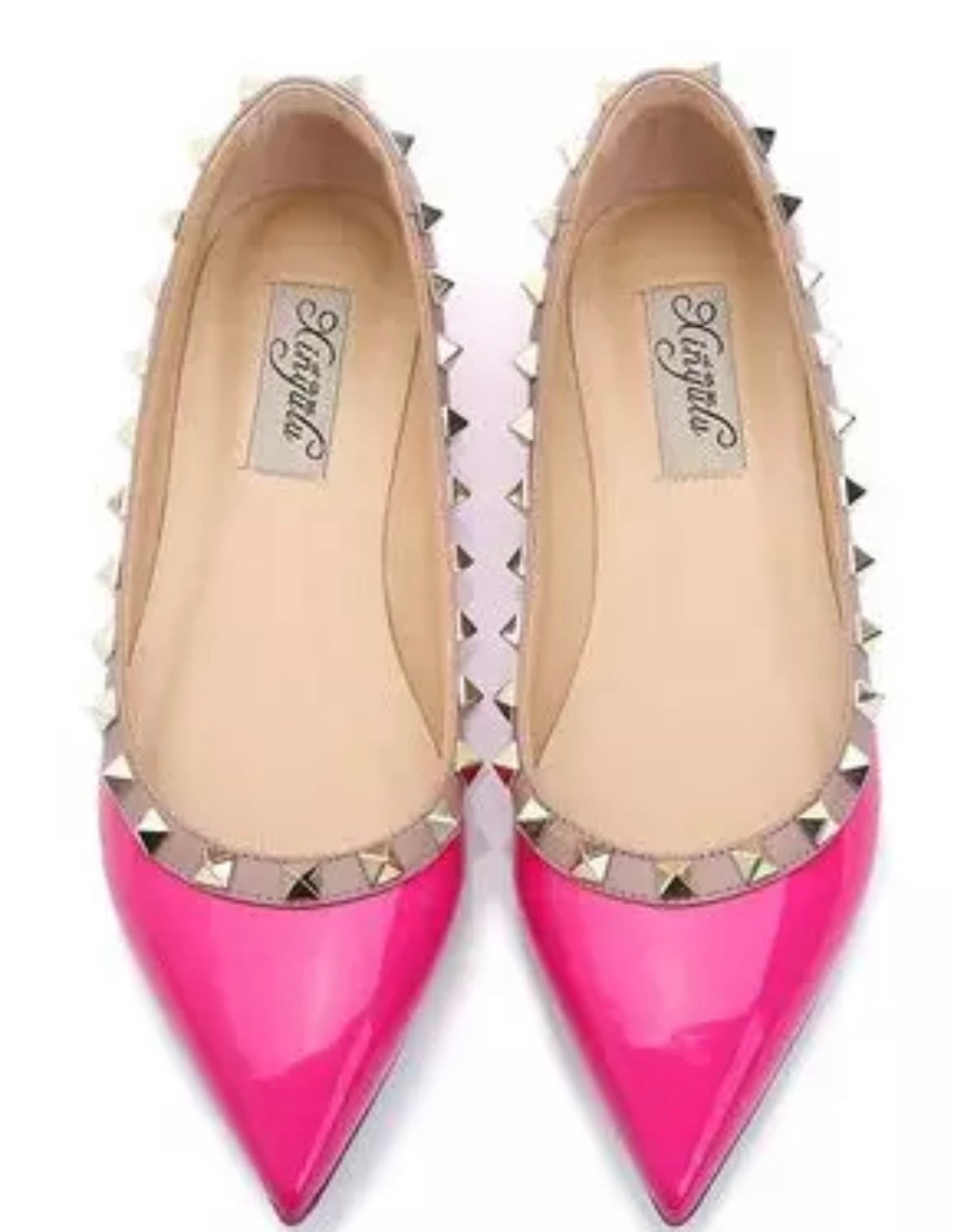 Hot Pink flats pumps with gold rivet studs