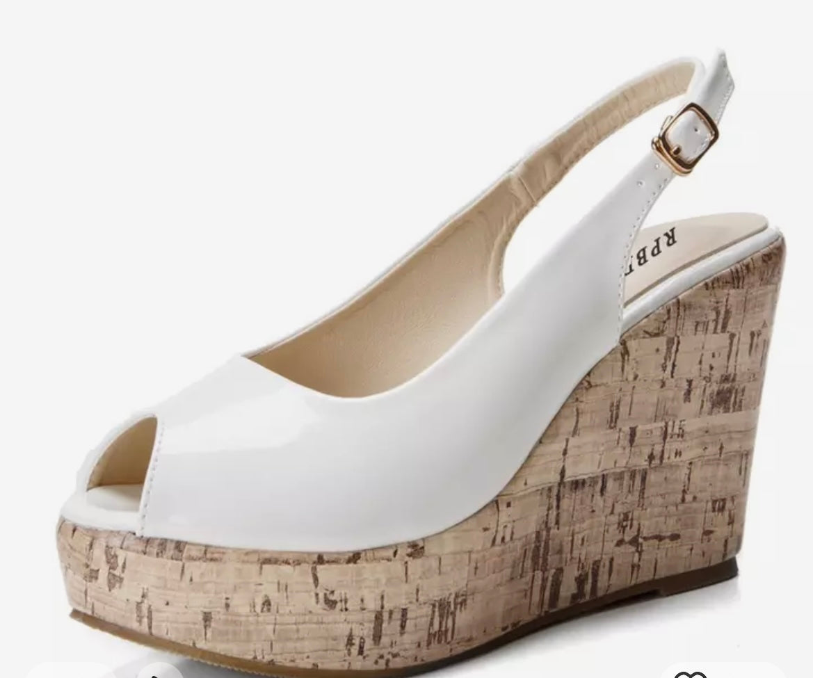 white sling back wedge with cork heel