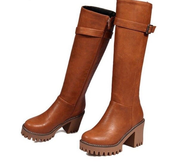 Tan Knee high leather boots with grooved track sole