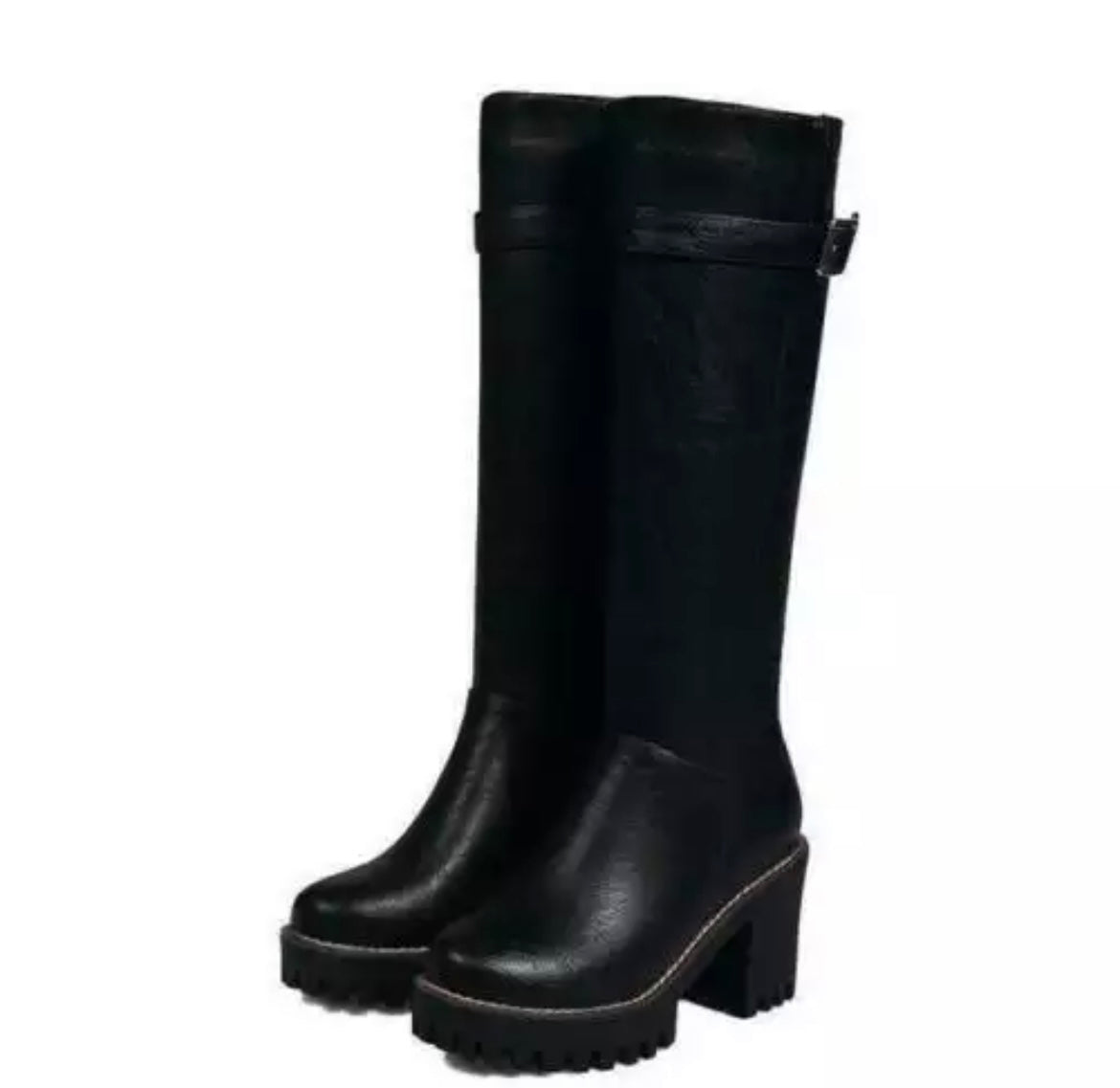 Black Knee high leather boots with grooved track sole