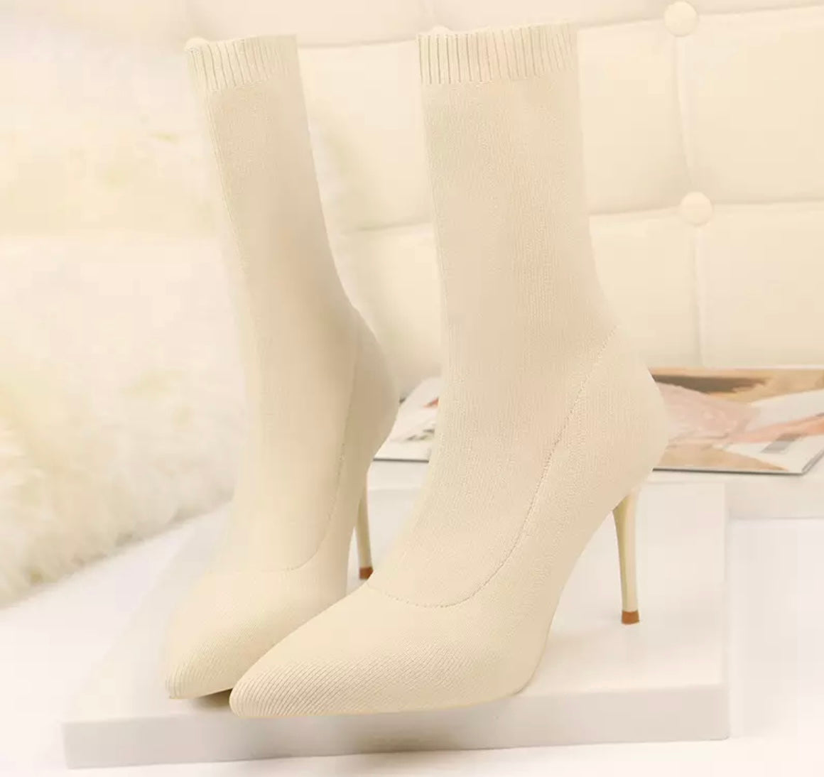 ivory mid calf sock boot with thin heel