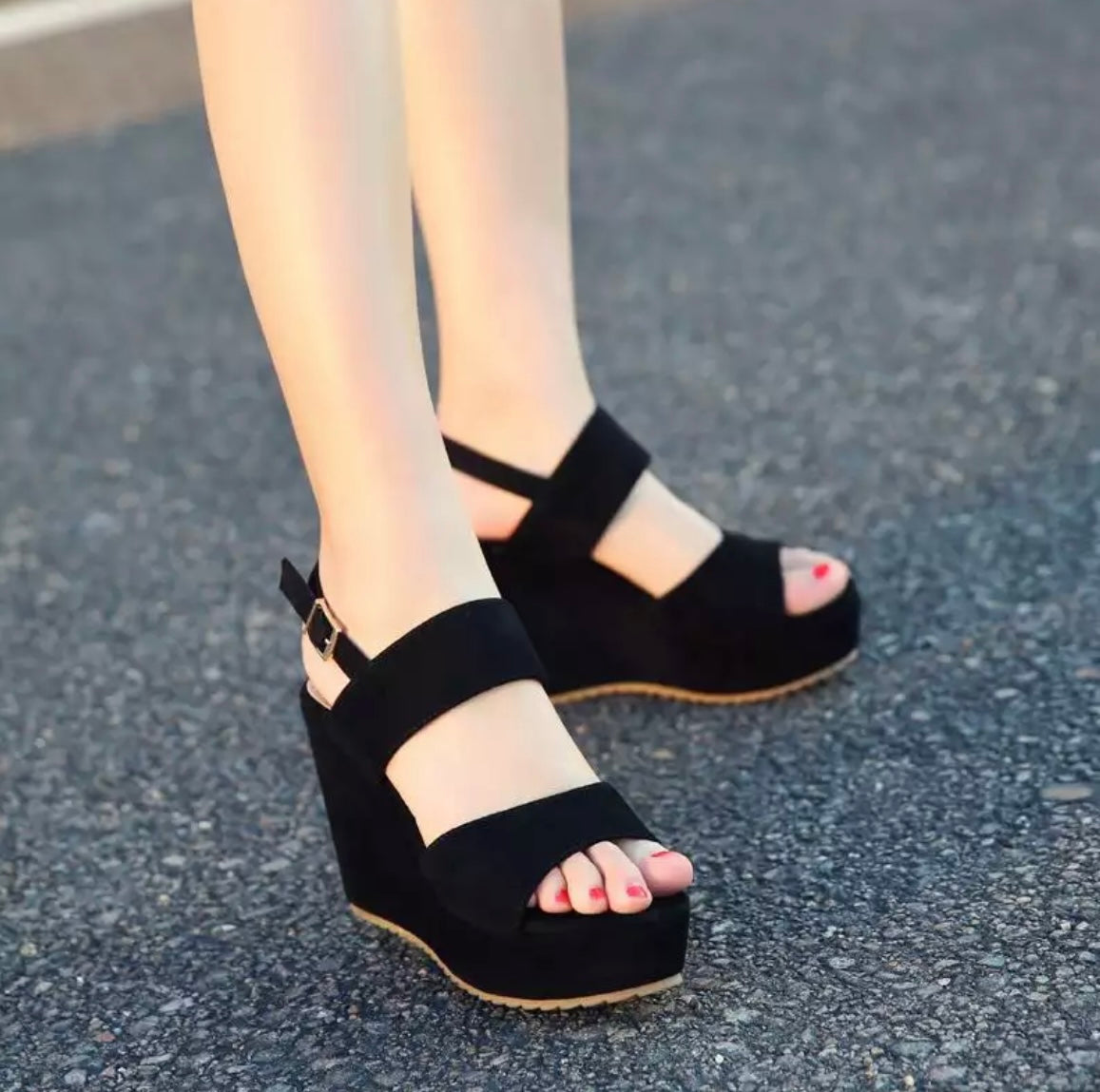 Black Open toe wedge sandal with double strap