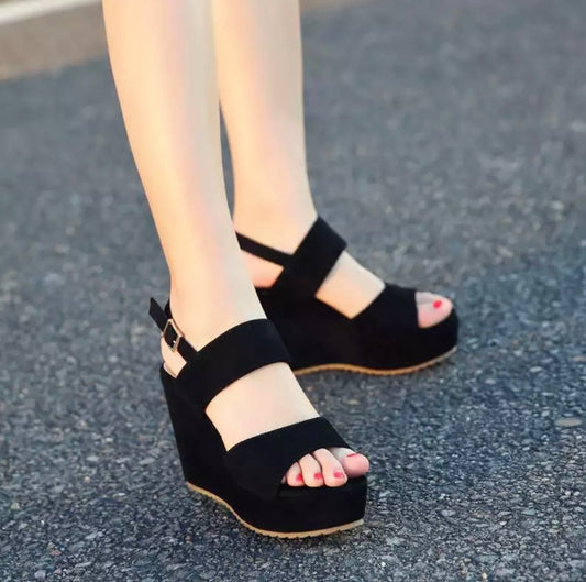 Black Open toe wedge sandal with double strap